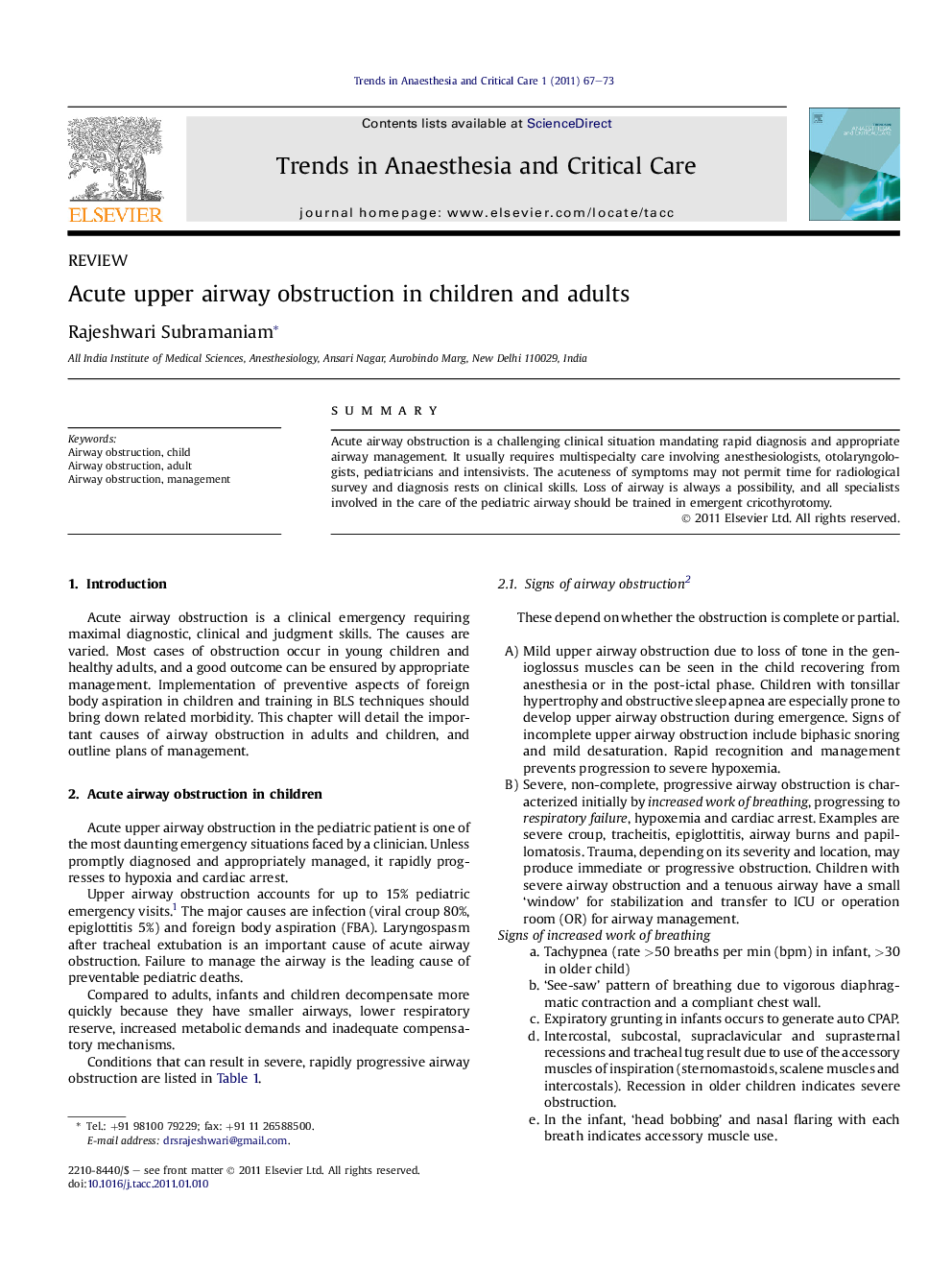 Acute upper airway obstruction in children and adults