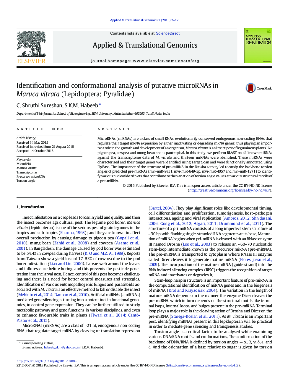 Identification and conformational analysis of putative microRNAs in Maruca vitrata (Lepidoptera: Pyralidae)