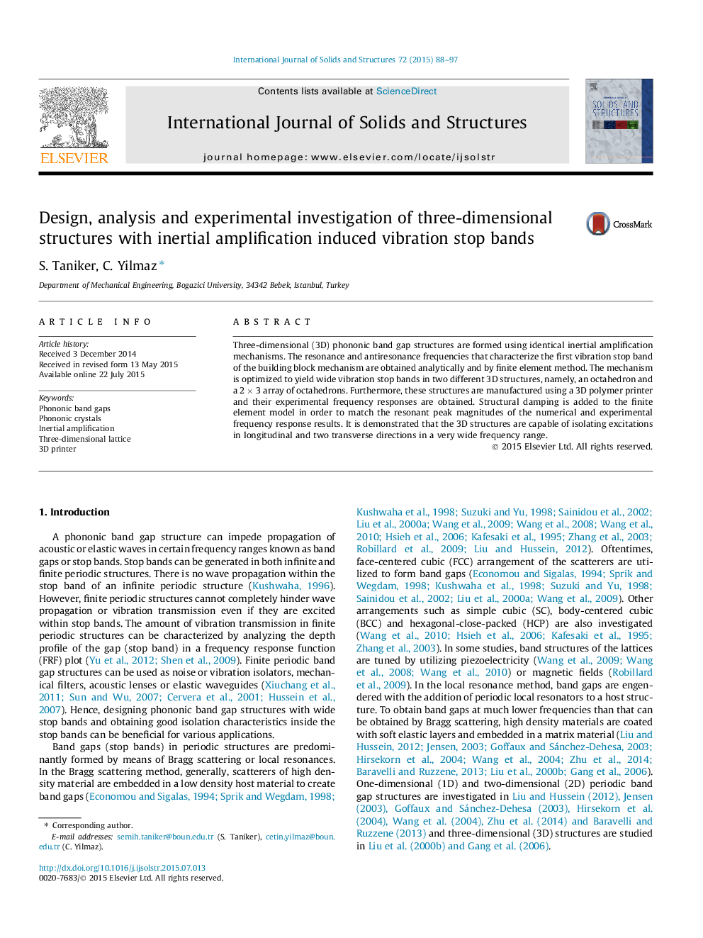 Design, analysis and experimental investigation of three-dimensional structures with inertial amplification induced vibration stop bands