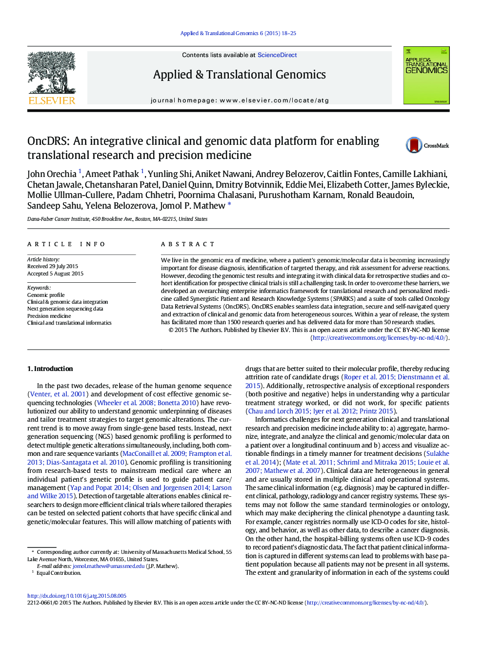 OncDRS: An integrative clinical and genomic data platform for enabling translational research and precision medicine