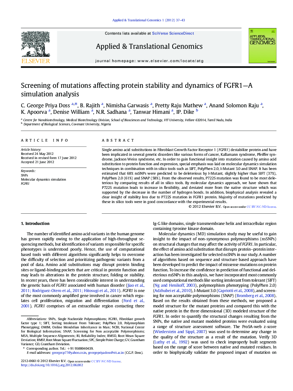 Screening of mutations affecting protein stability and dynamics of FGFR1—A simulation analysis