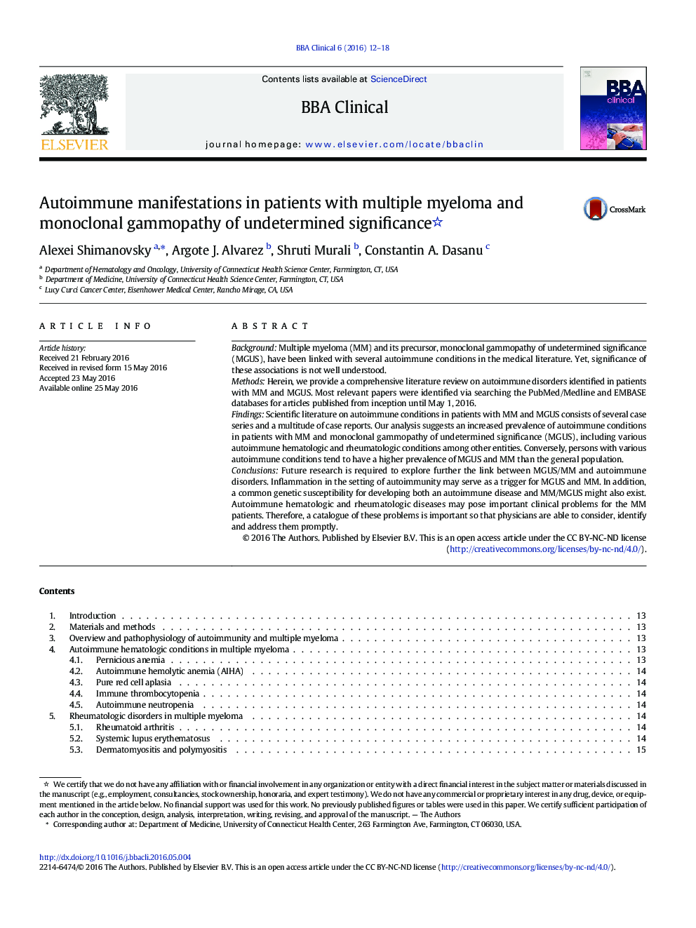 Autoimmune manifestations in patients with multiple myeloma and monoclonal gammopathy of undetermined significance 