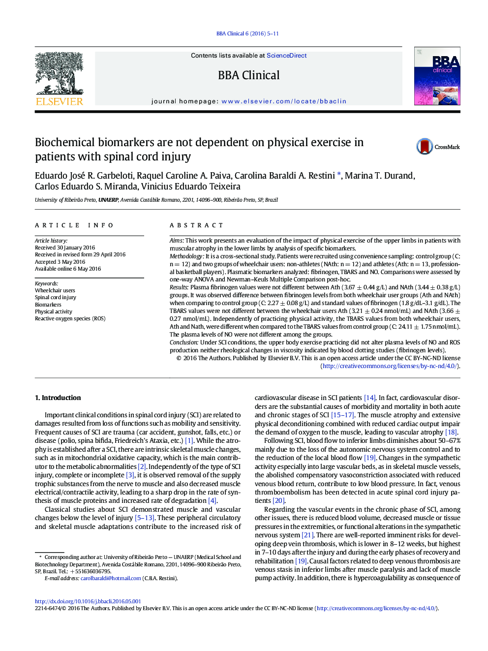 Biochemical biomarkers are not dependent on physical exercise in patients with spinal cord injury