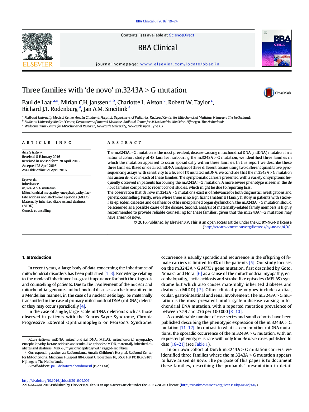 Three families with ‘de novo’ m.3243A > G mutation