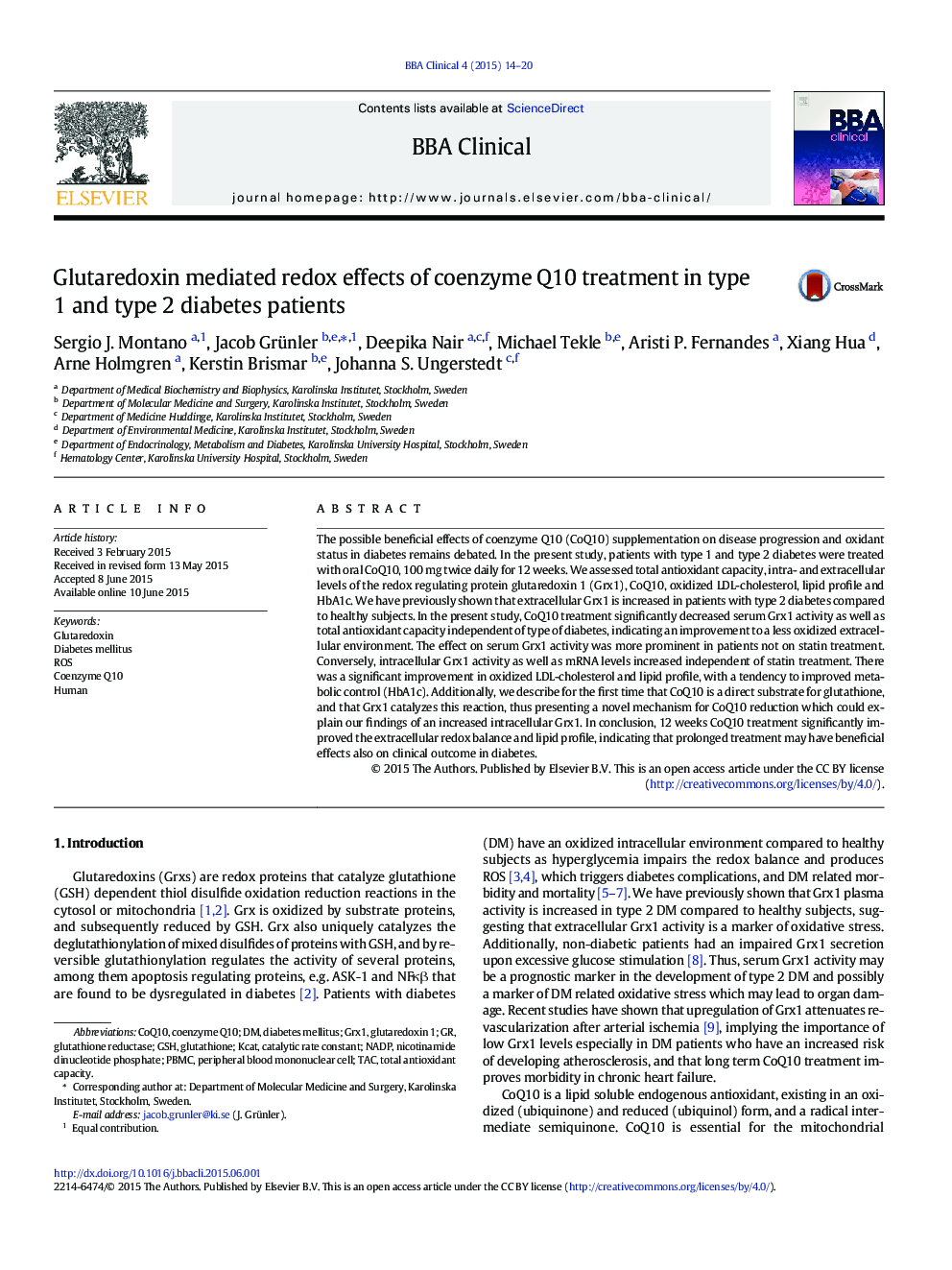 Glutaredoxin mediated redox effects of coenzyme Q10 treatment in type 1 and type 2 diabetes patients