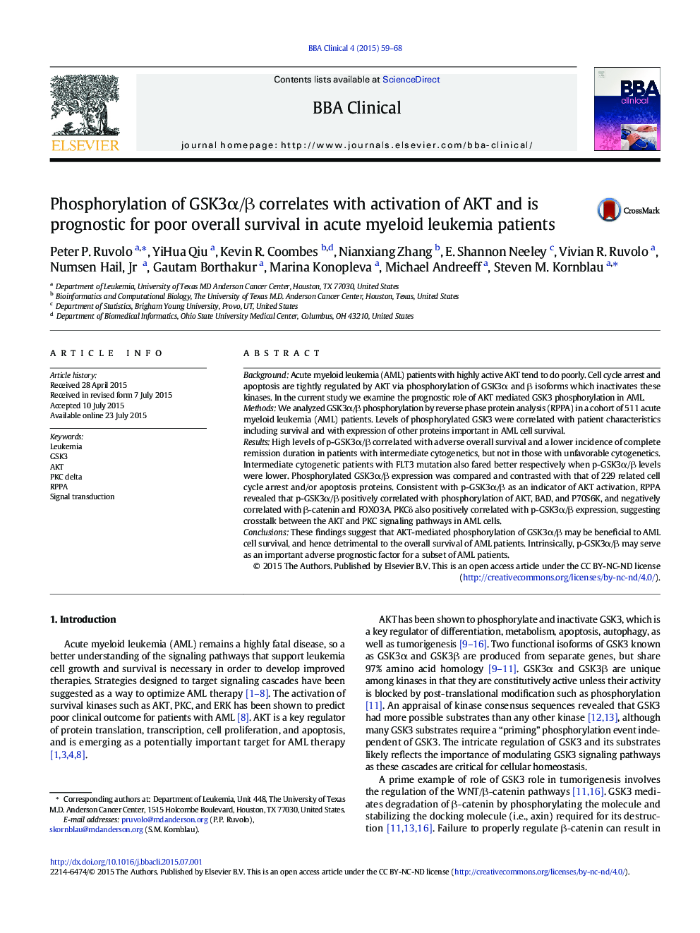 Phosphorylation of GSK3α/β correlates with activation of AKT and is prognostic for poor overall survival in acute myeloid leukemia patients