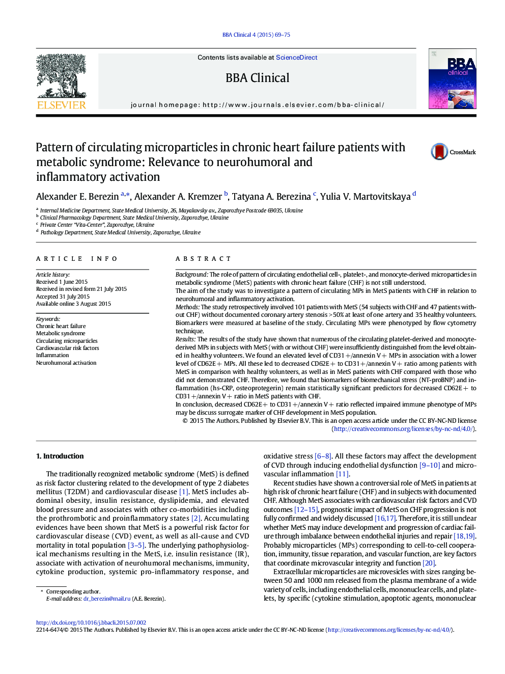 Pattern of circulating microparticles in chronic heart failure patients with metabolic syndrome: Relevance to neurohumoral and inflammatory activation