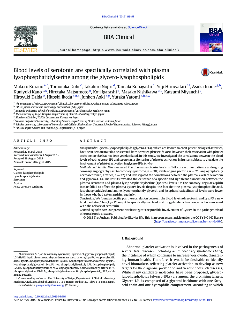 Blood levels of serotonin are specifically correlated with plasma lysophosphatidylserine among the glycero-lysophospholipids