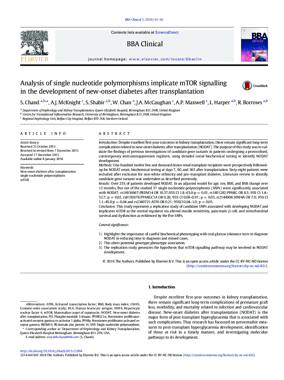 Analysis of single nucleotide polymorphisms implicate mTOR signalling in the development of new-onset diabetes after transplantation