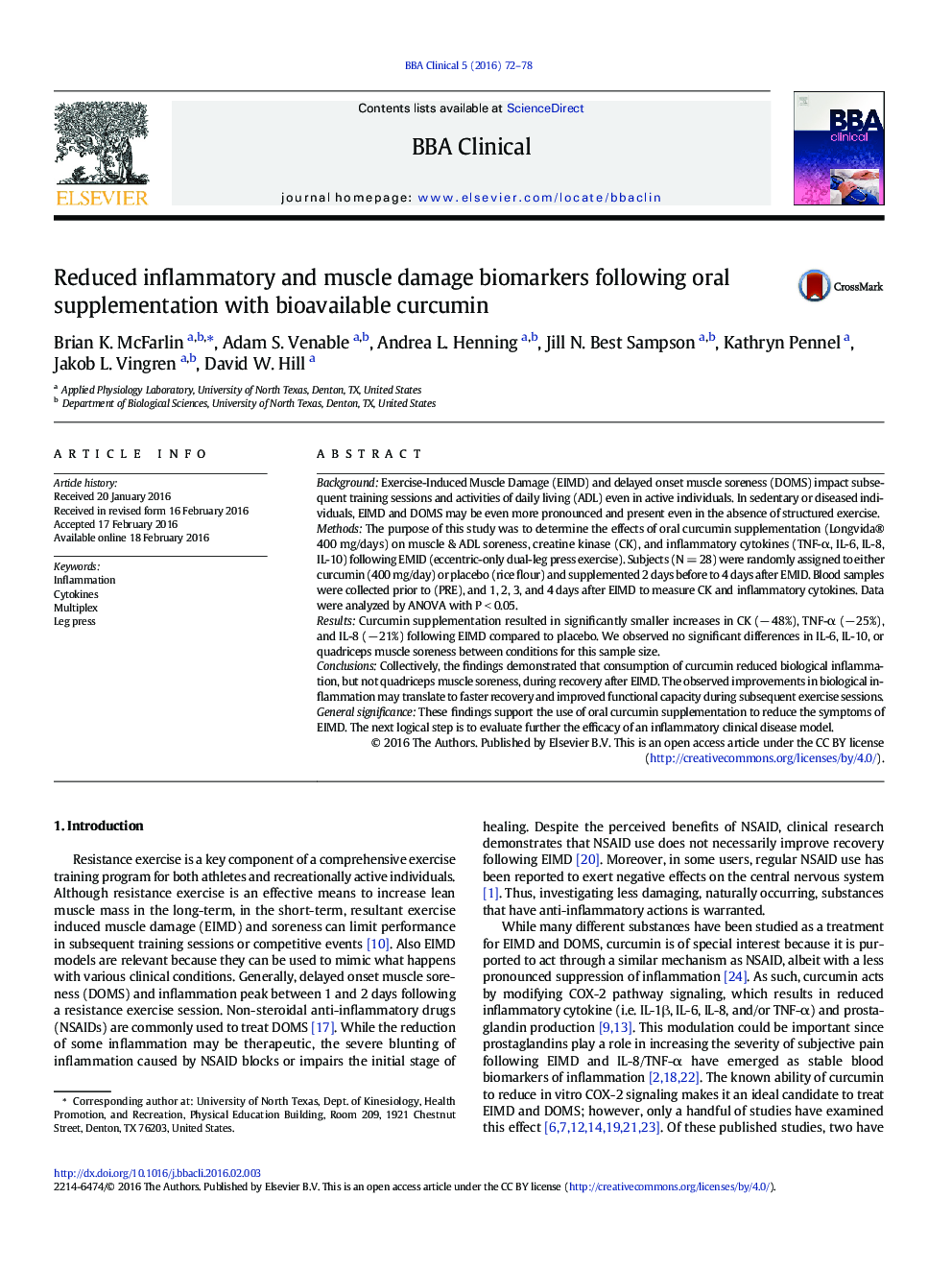 Reduced inflammatory and muscle damage biomarkers following oral supplementation with bioavailable curcumin