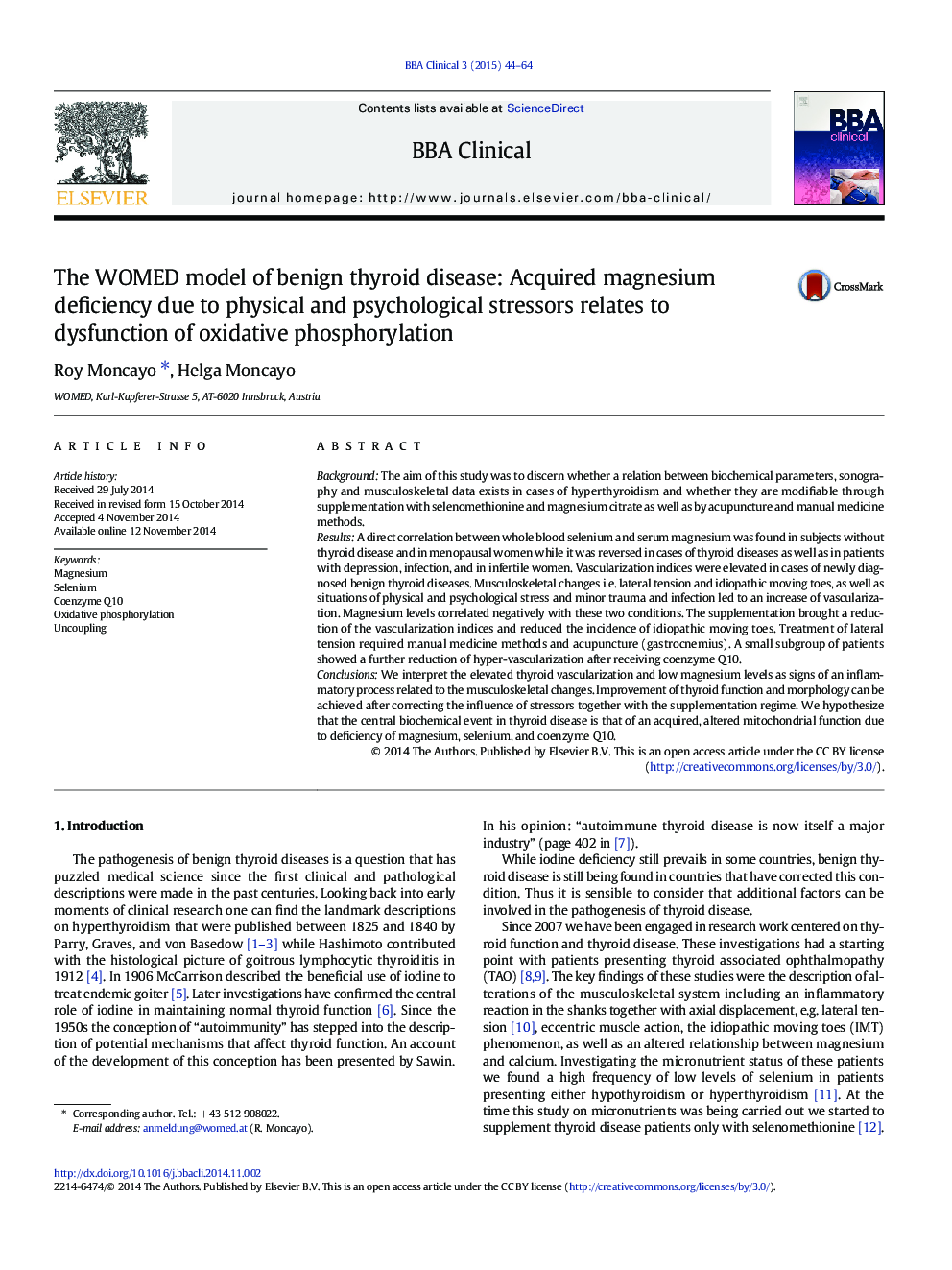 The WOMED model of benign thyroid disease: Acquired magnesium deficiency due to physical and psychological stressors relates to dysfunction of oxidative phosphorylation