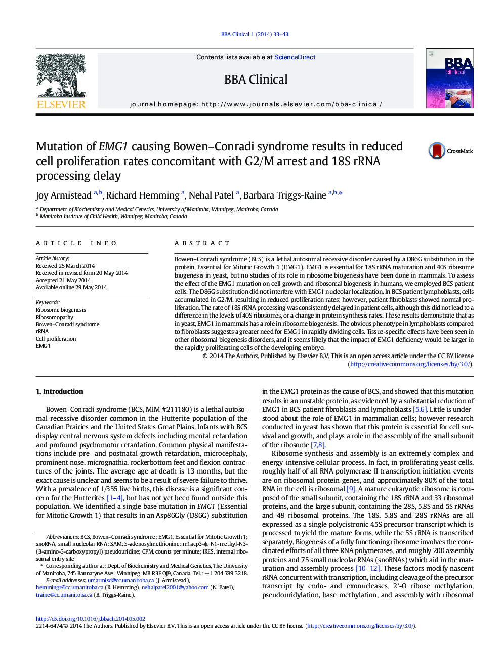 Mutation of EMG1 causing Bowen–Conradi syndrome results in reduced cell proliferation rates concomitant with G2/M arrest and 18S rRNA processing delay