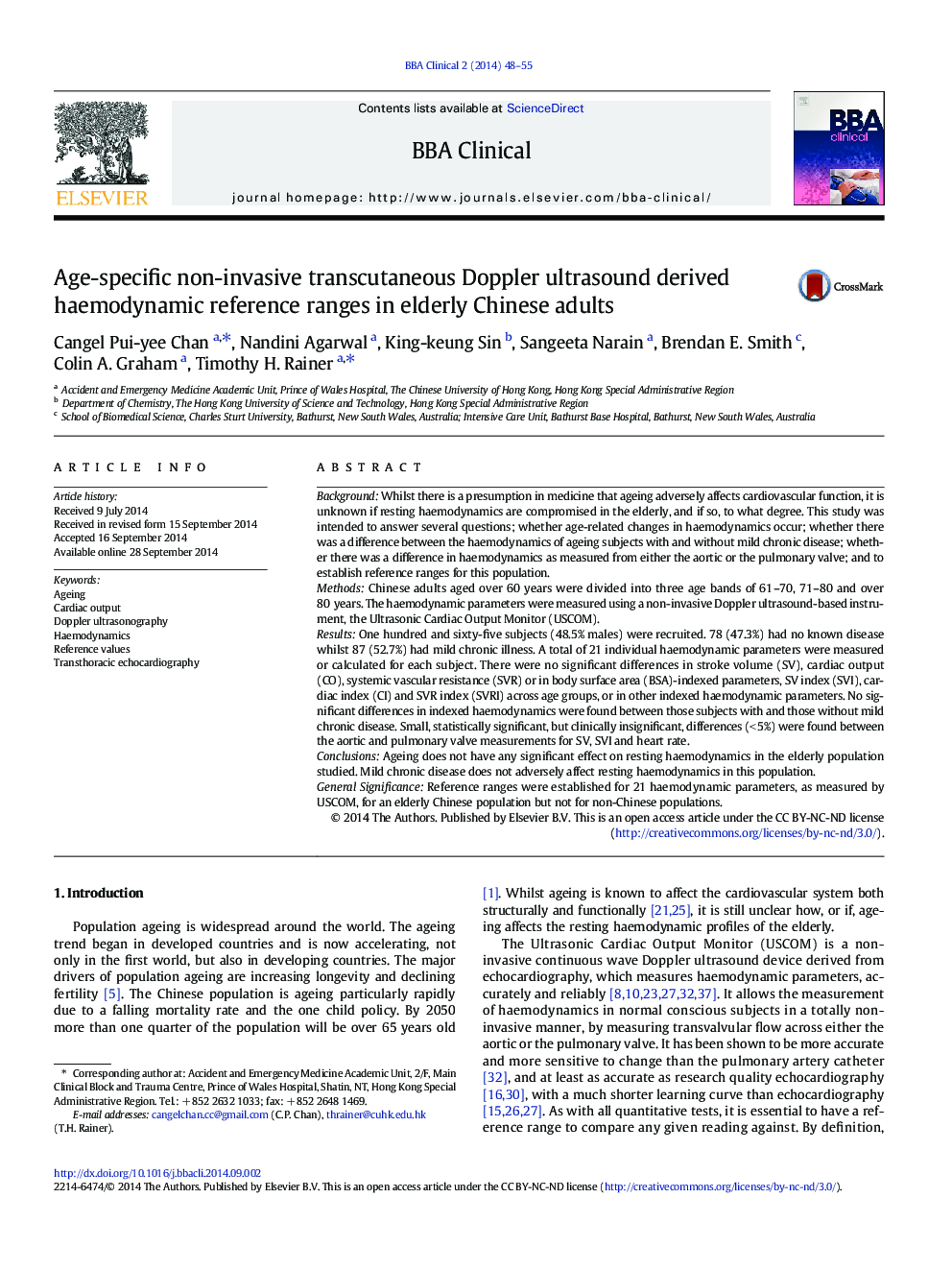 Age-specific non-invasive transcutaneous Doppler ultrasound derived haemodynamic reference ranges in elderly Chinese adults