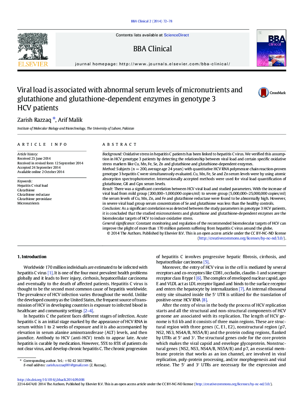 Viral load is associated with abnormal serum levels of micronutrients and glutathione and glutathione-dependent enzymes in genotype 3 HCV patients