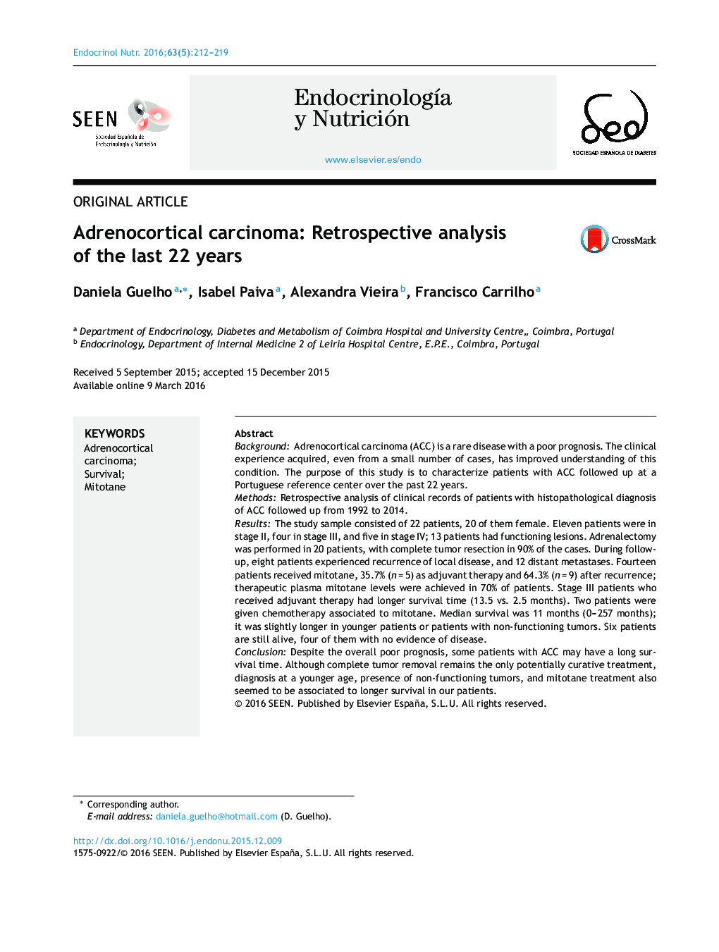 Adrenocortical carcinoma: Retrospective analysis of the last 22 years