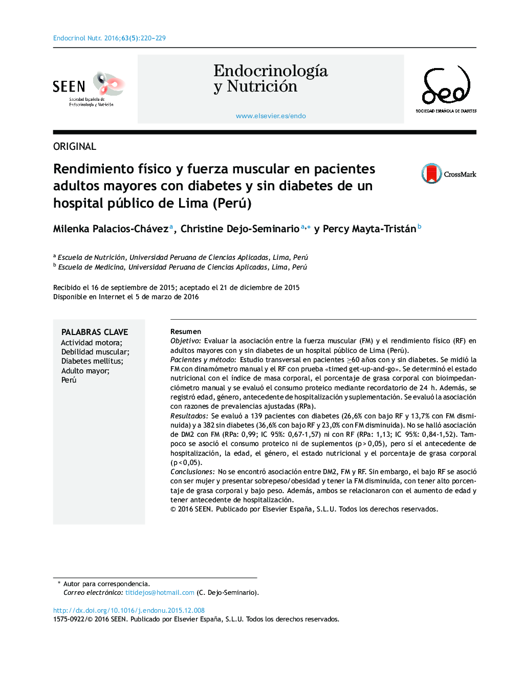 عملکرد فیزیکی و قدرت عضلانی در بیماران سالمند مبتلا به دیابت و بدون دیابت در بیمارستان دولتی لیما (پرو)