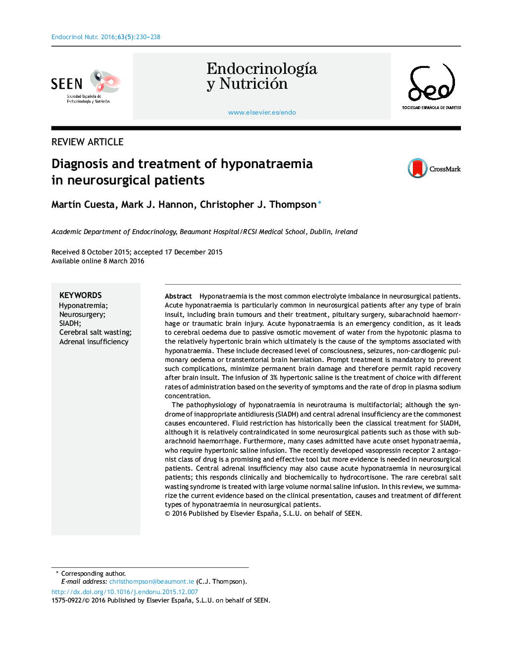 Diagnosis and treatment of hyponatraemia in neurosurgical patients