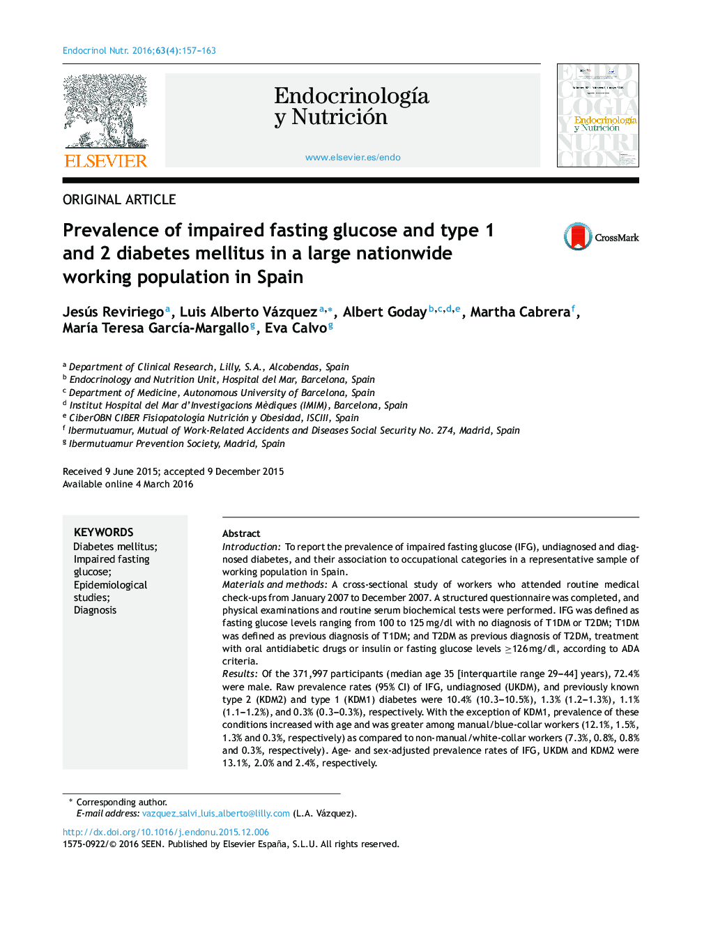 Prevalence of impaired fasting glucose and type 1 and 2 diabetes mellitus in a large nationwide working population in Spain