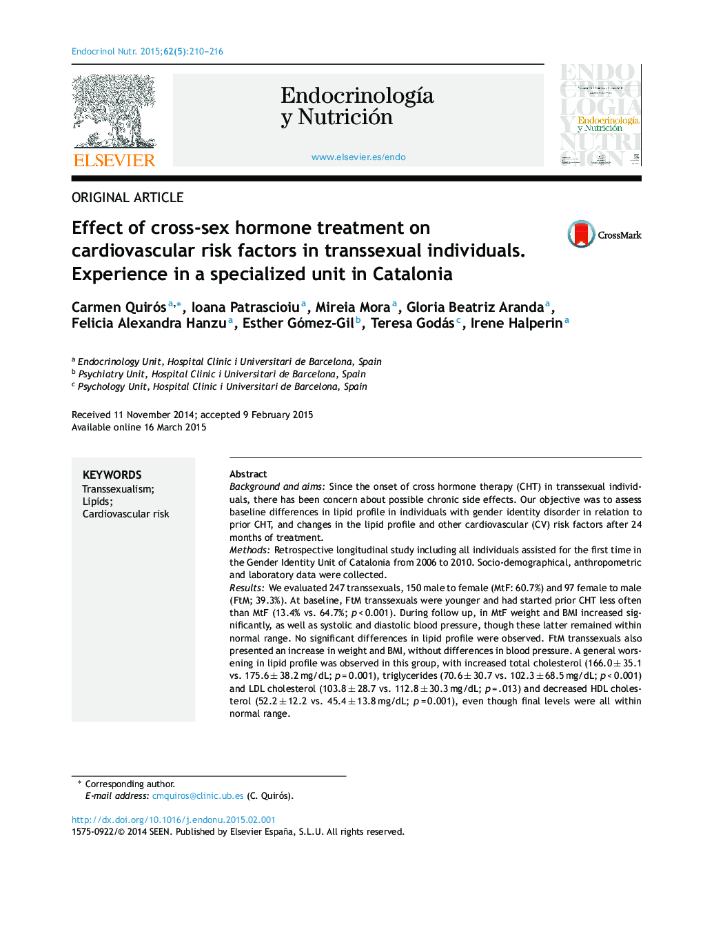 Effect of cross-sex hormone treatment on cardiovascular risk factors in transsexual individuals. Experience in a specialized unit in Catalonia