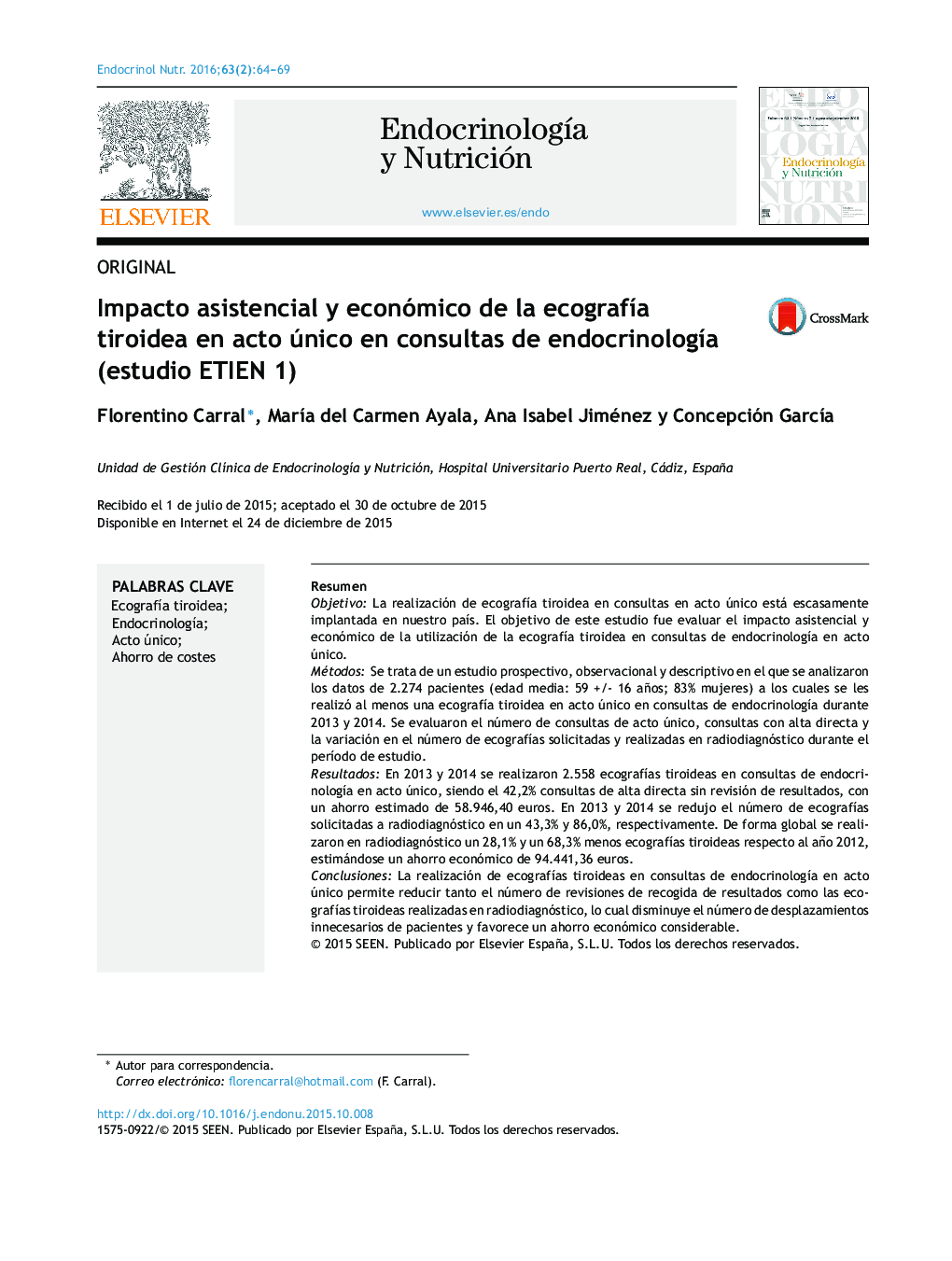 Impacto asistencial y económico de la ecografÃ­a tiroidea en acto único en consultas de endocrinologÃ­a (estudio ETIEN 1)