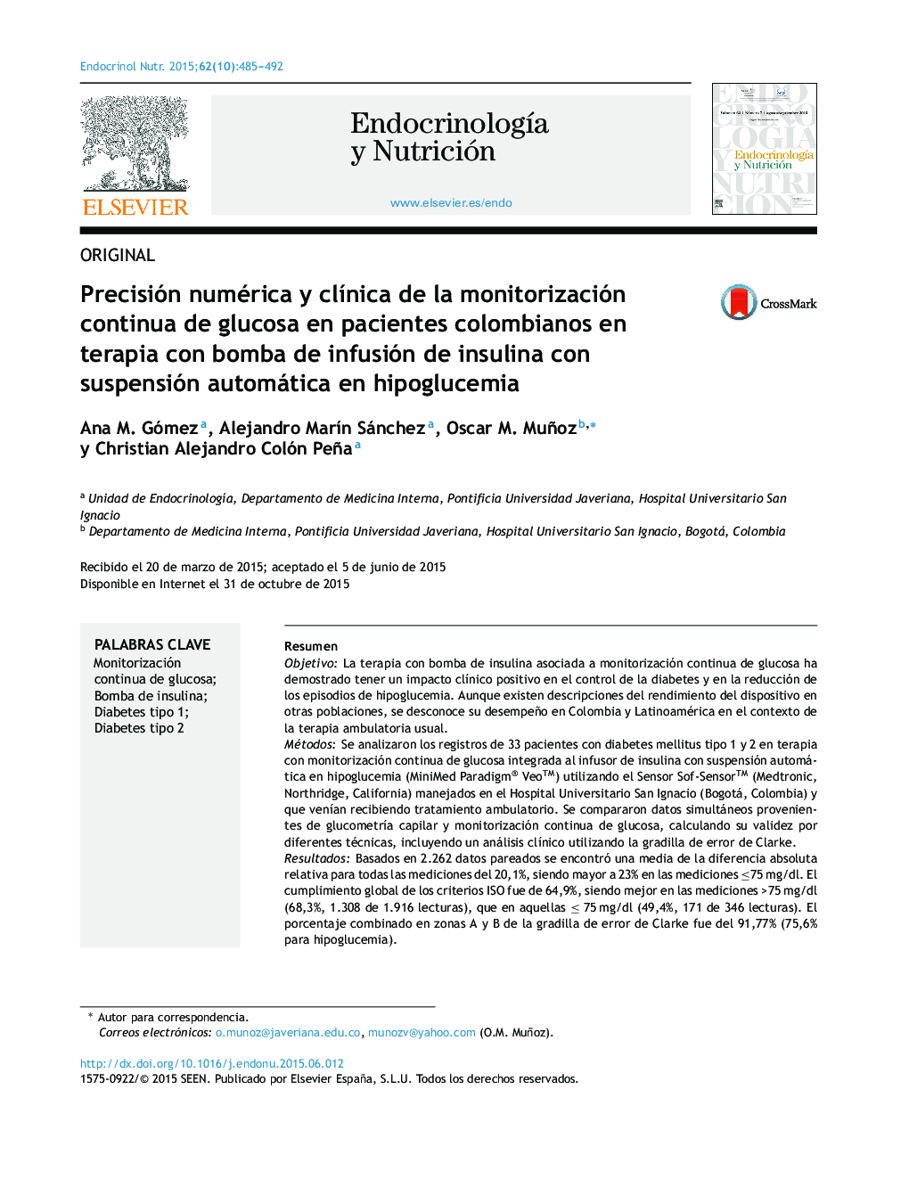 Precisión numérica y clÃ­nica de la monitorización continua de glucosa en pacientes colombianos en terapia con bomba de infusión de insulina con suspensión automática en hipoglucemia