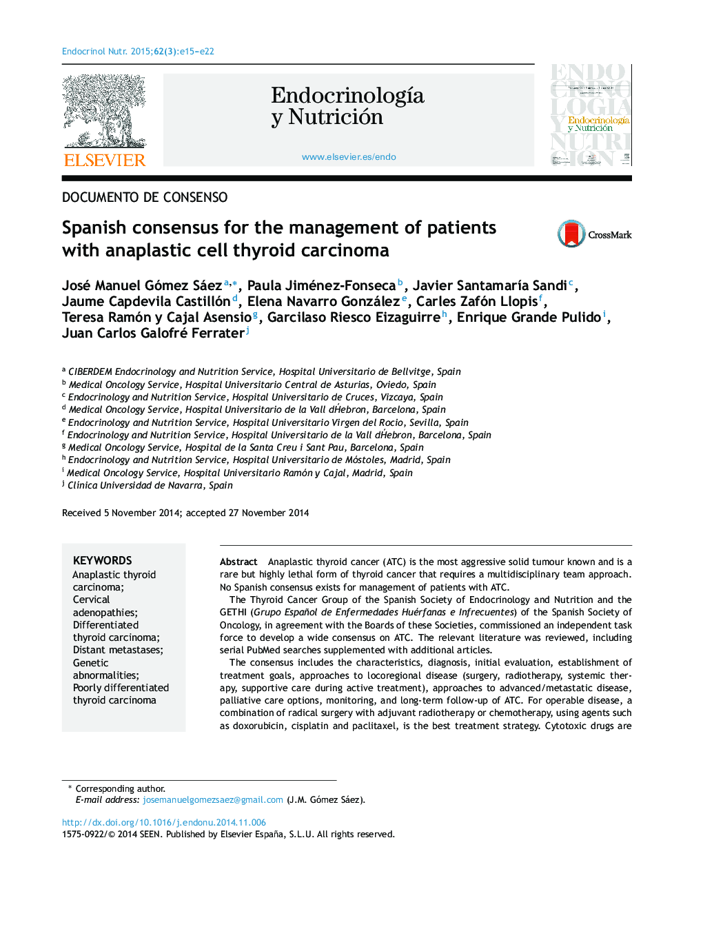 Spanish consensus for the management of patients with anaplastic cell thyroid carcinoma