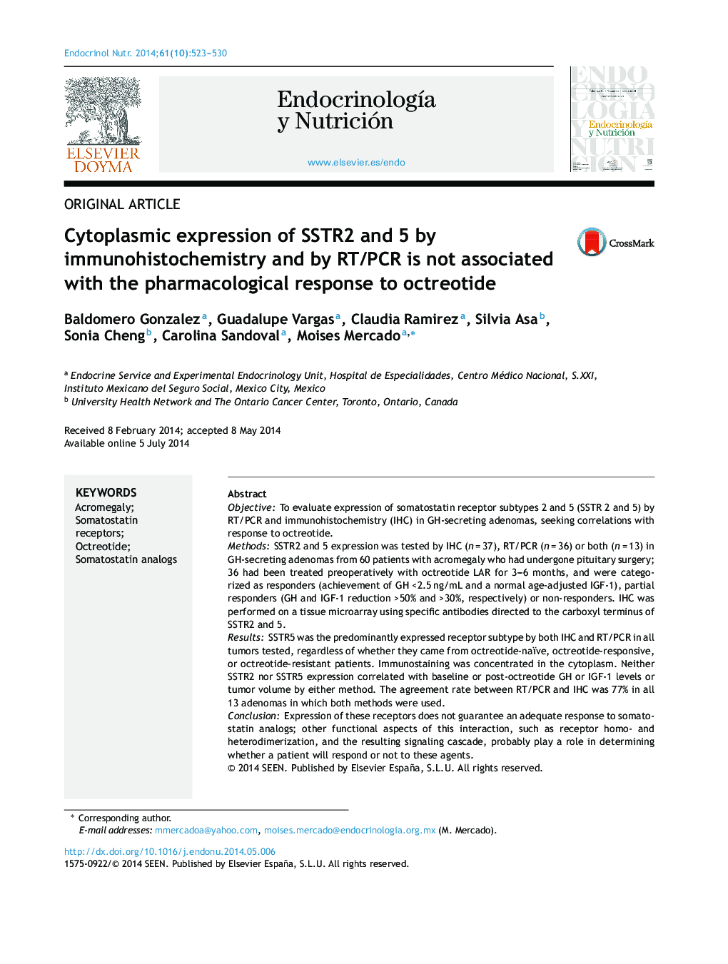 Cytoplasmic expression of SSTR2 and 5 by immunohistochemistry and by RT/PCR is not associated with the pharmacological response to octreotide