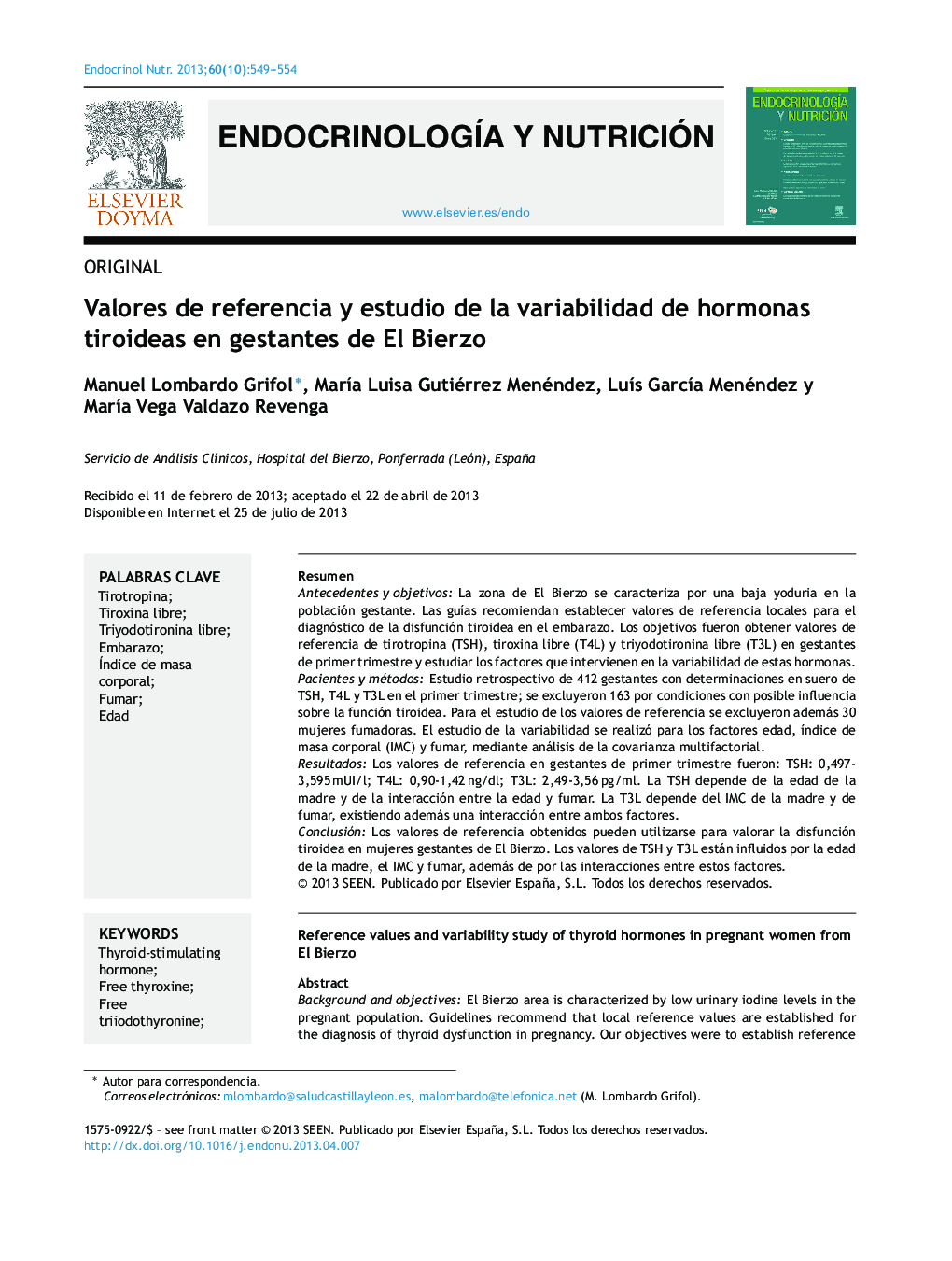 Valores de referencia y estudio de la variabilidad de hormonas tiroideas en gestantes de El Bierzo