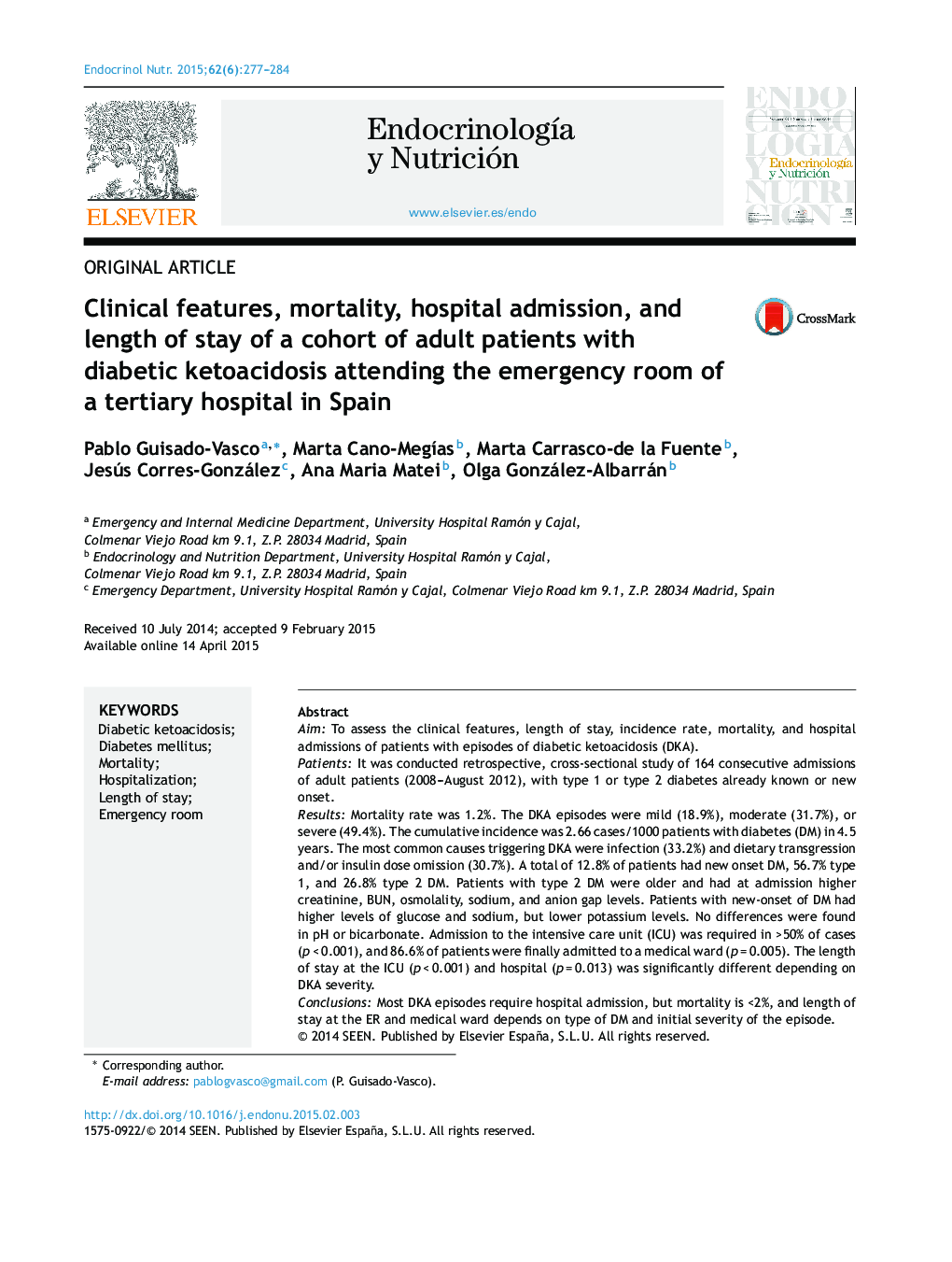 Clinical features, mortality, hospital admission, and length of stay of a cohort of adult patients with diabetic ketoacidosis attending the emergency room of a tertiary hospital in Spain