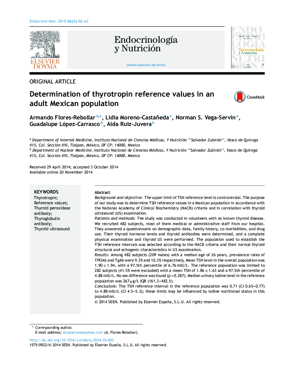 Determination of thyrotropin reference values in an adult Mexican population