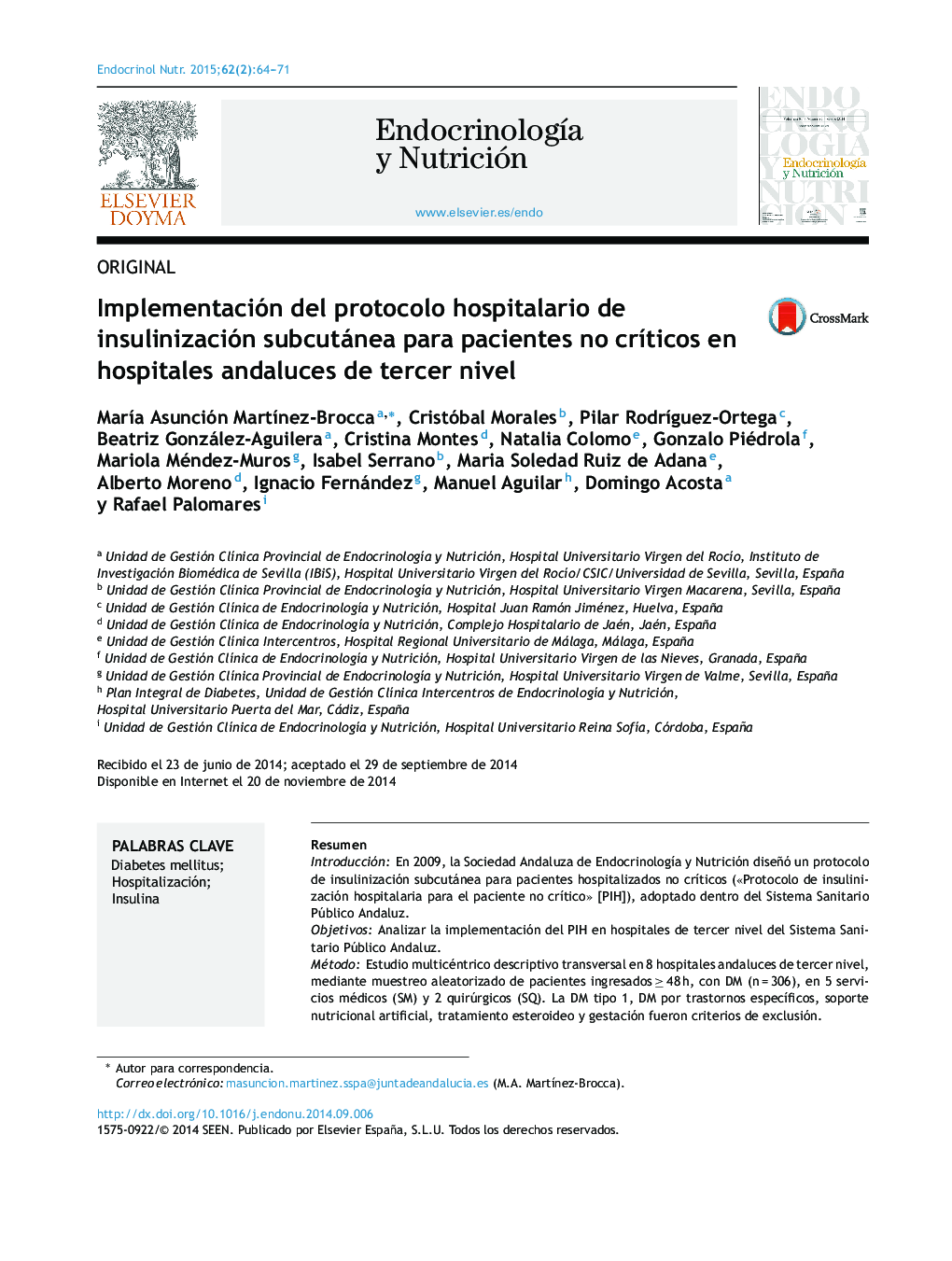 Implementación del protocolo hospitalario de insulinización subcutánea para pacientes no críticos en hospitales andaluces de tercer nivel