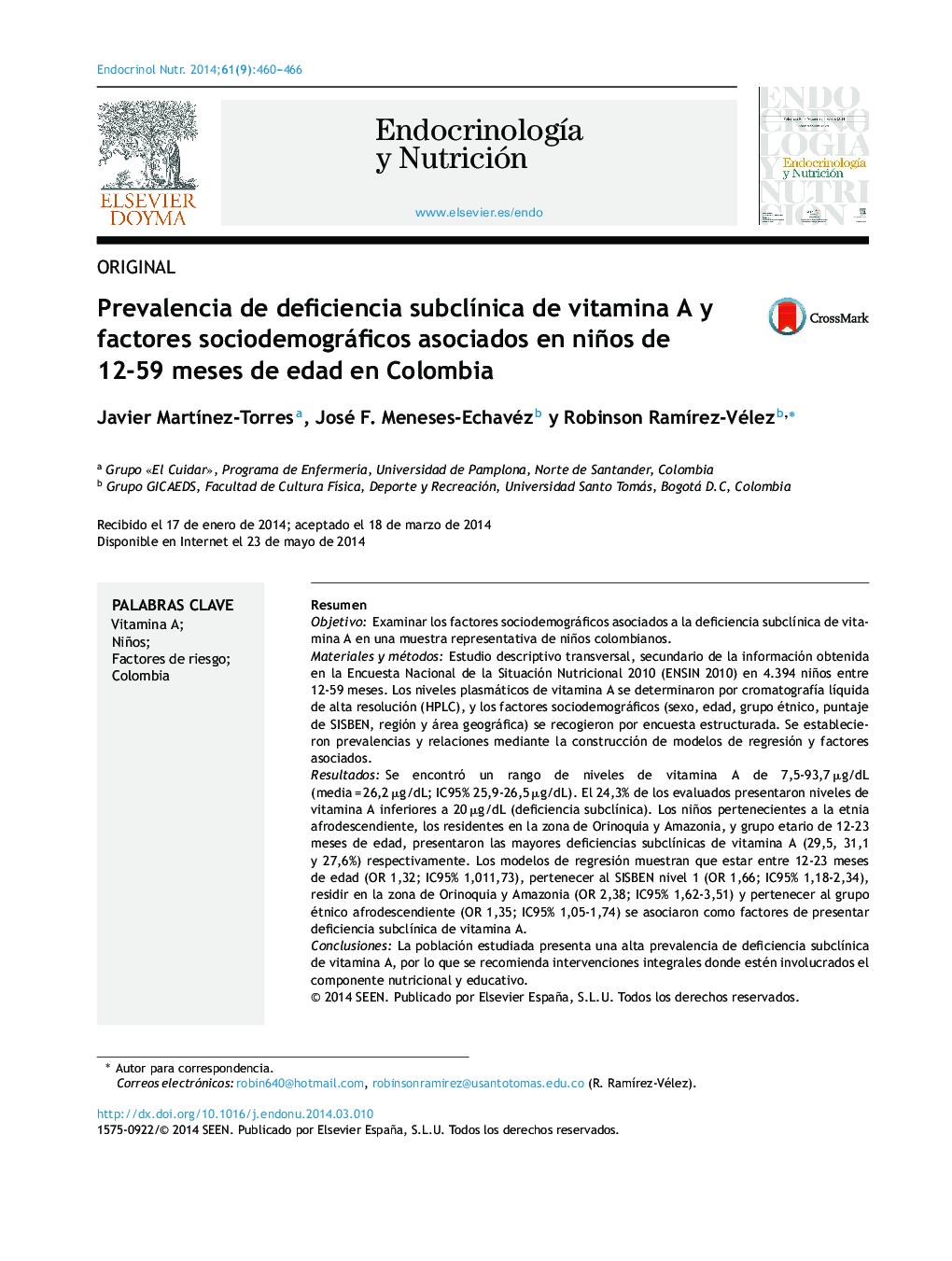 Prevalencia de deficiencia subclínica de vitamina A y factores sociodemográficos asociados en niños de 12-59 meses de edad en Colombia