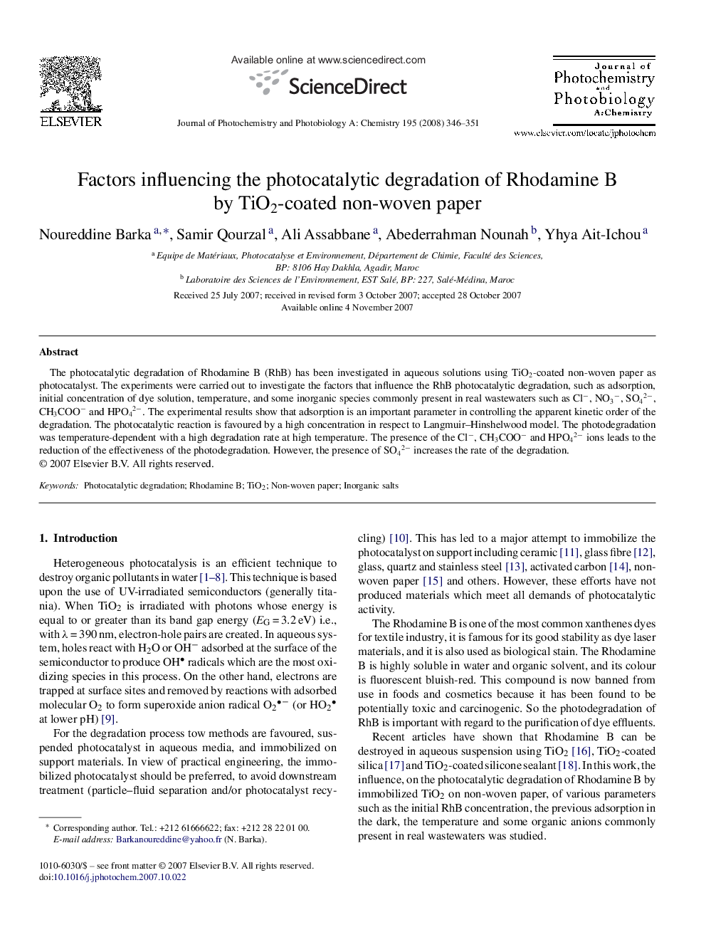 Factors influencing the photocatalytic degradation of Rhodamine B by TiO2-coated non-woven paper