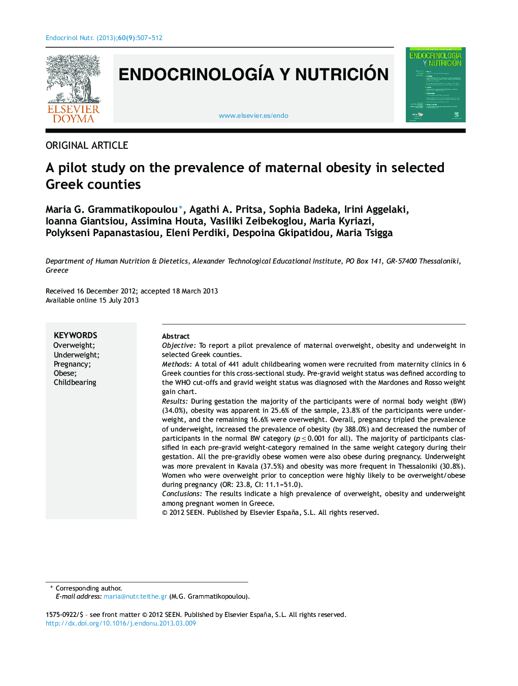 A pilot study on the prevalence of maternal obesity in selected Greek counties