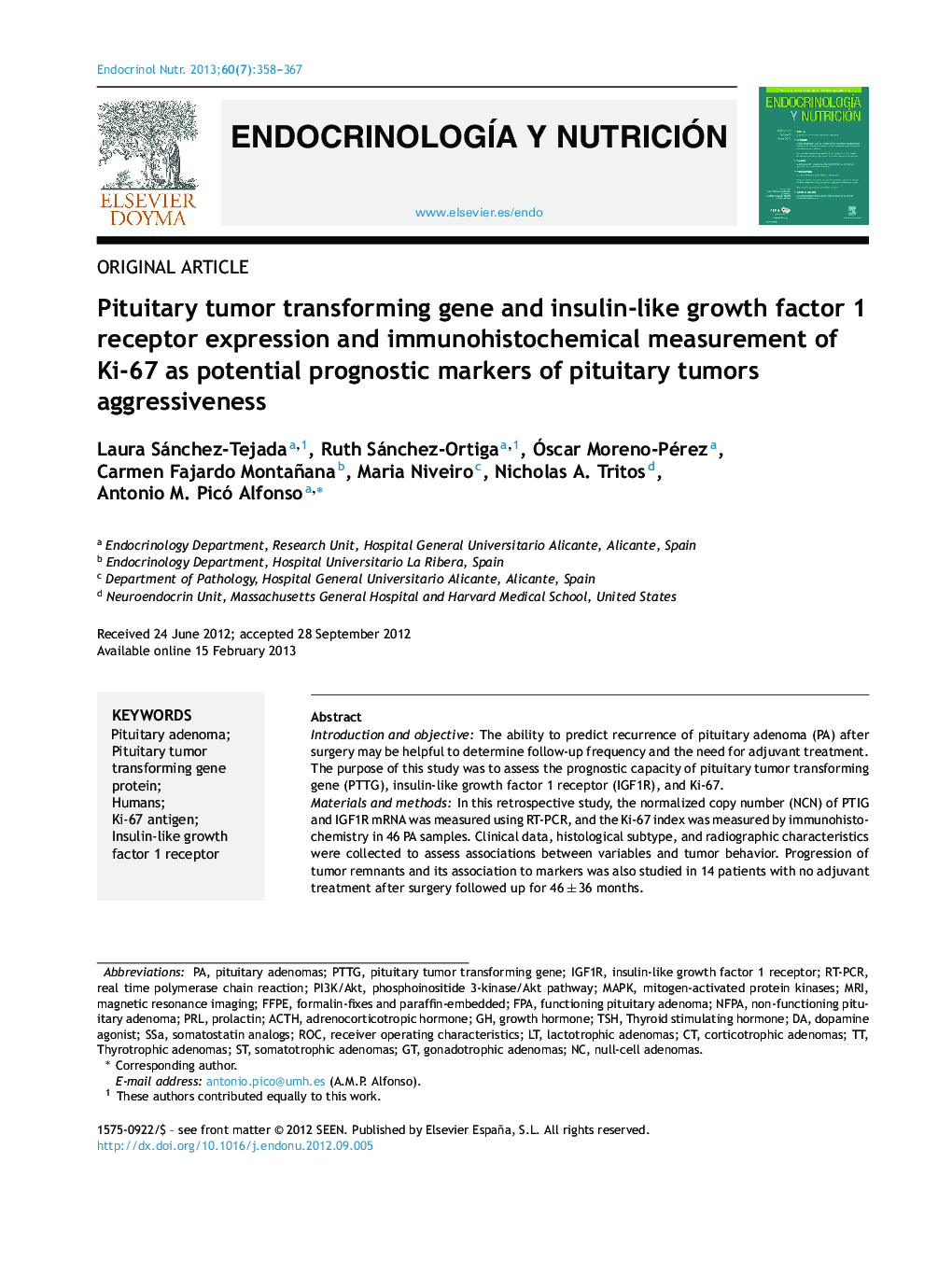 Pituitary tumor transforming gene and insulin-like growth factor 1 receptor expression and immunohistochemical measurement of Ki-67 as potential prognostic markers of pituitary tumors aggressiveness