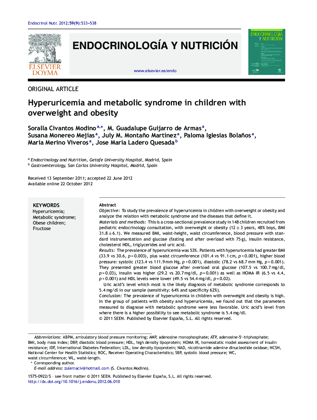 Hyperuricemia and metabolic syndrome in children with overweight and obesity