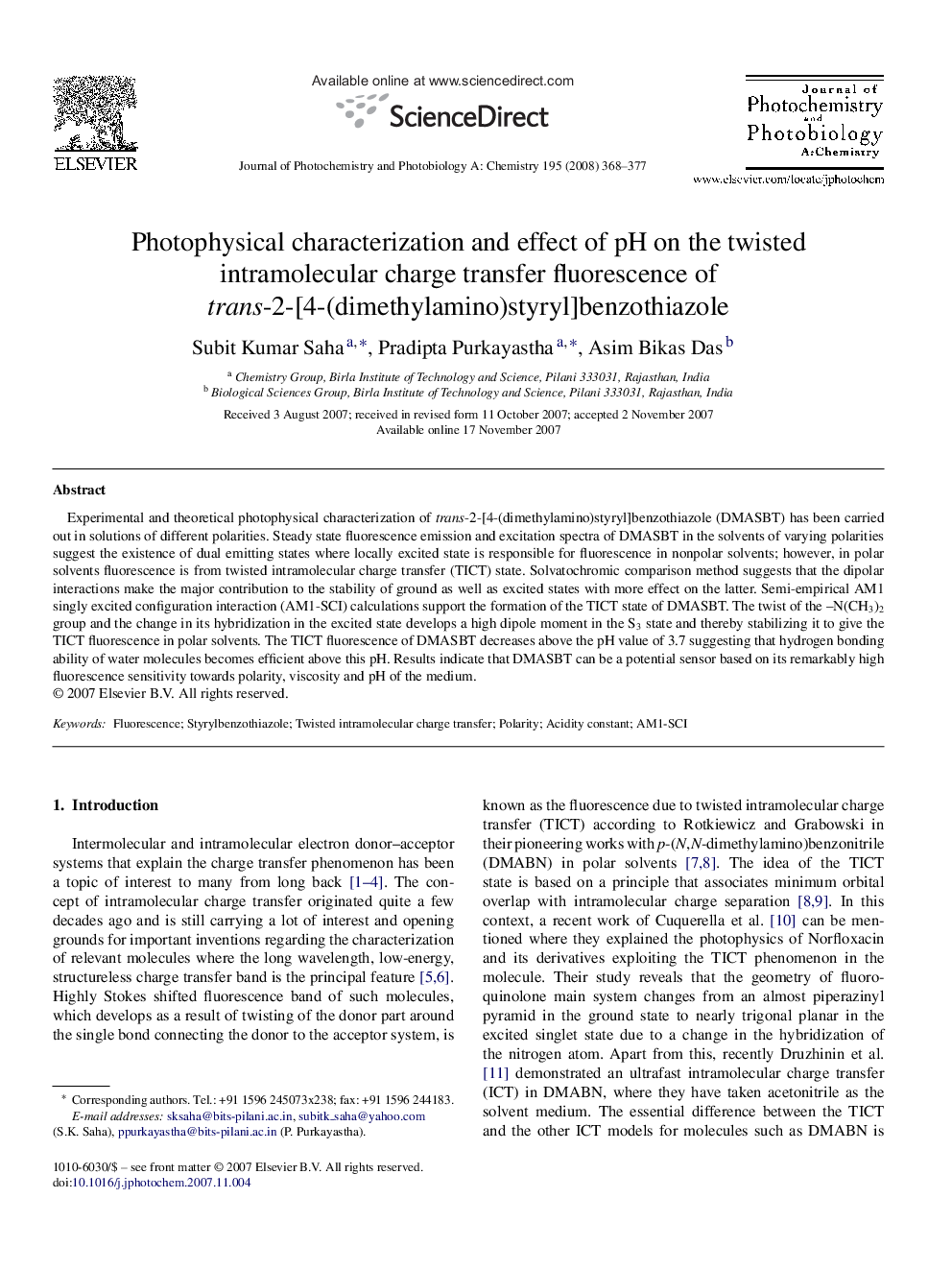 Photophysical characterization and effect of pH on the twisted intramolecular charge transfer fluorescence of trans-2-[4-(dimethylamino)styryl]benzothiazole