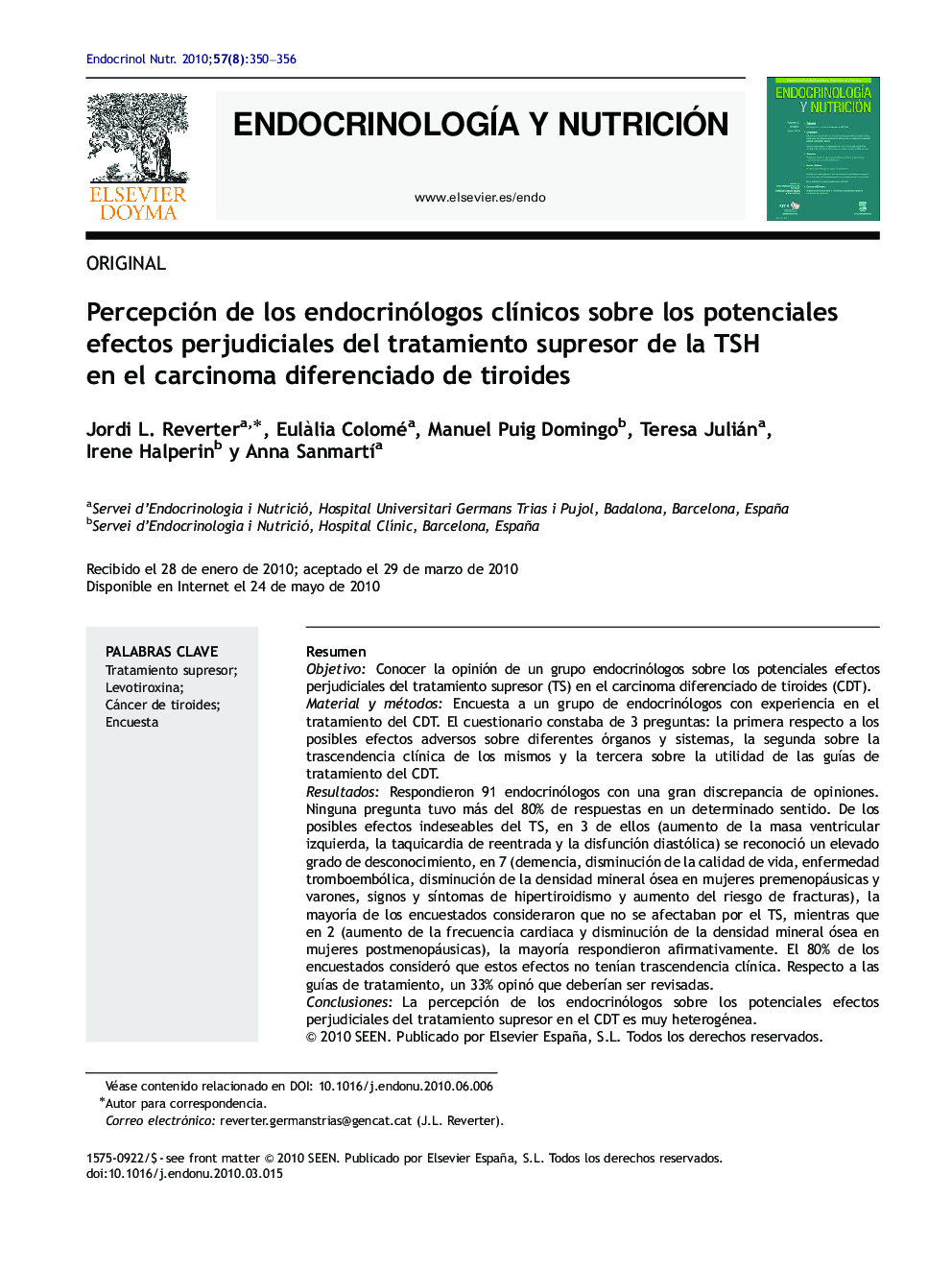 Percepción de los endocrinólogos clínicos sobre los potenciales efectos perjudiciales del tratamiento supresor de la TSH en el carcinoma diferenciado de tiroides