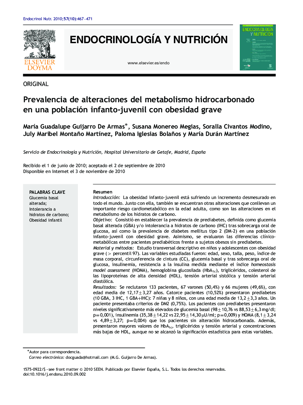 Prevalencia de alteraciones del metabolismo hidrocarbonado en una población infanto-juvenil con obesidad grave