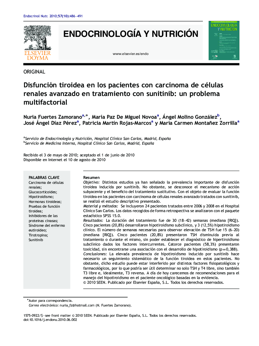 Disfunción tiroidea en los pacientes con carcinoma de células renales avanzado en tratamiento con sunitinib: un problema multifactorial