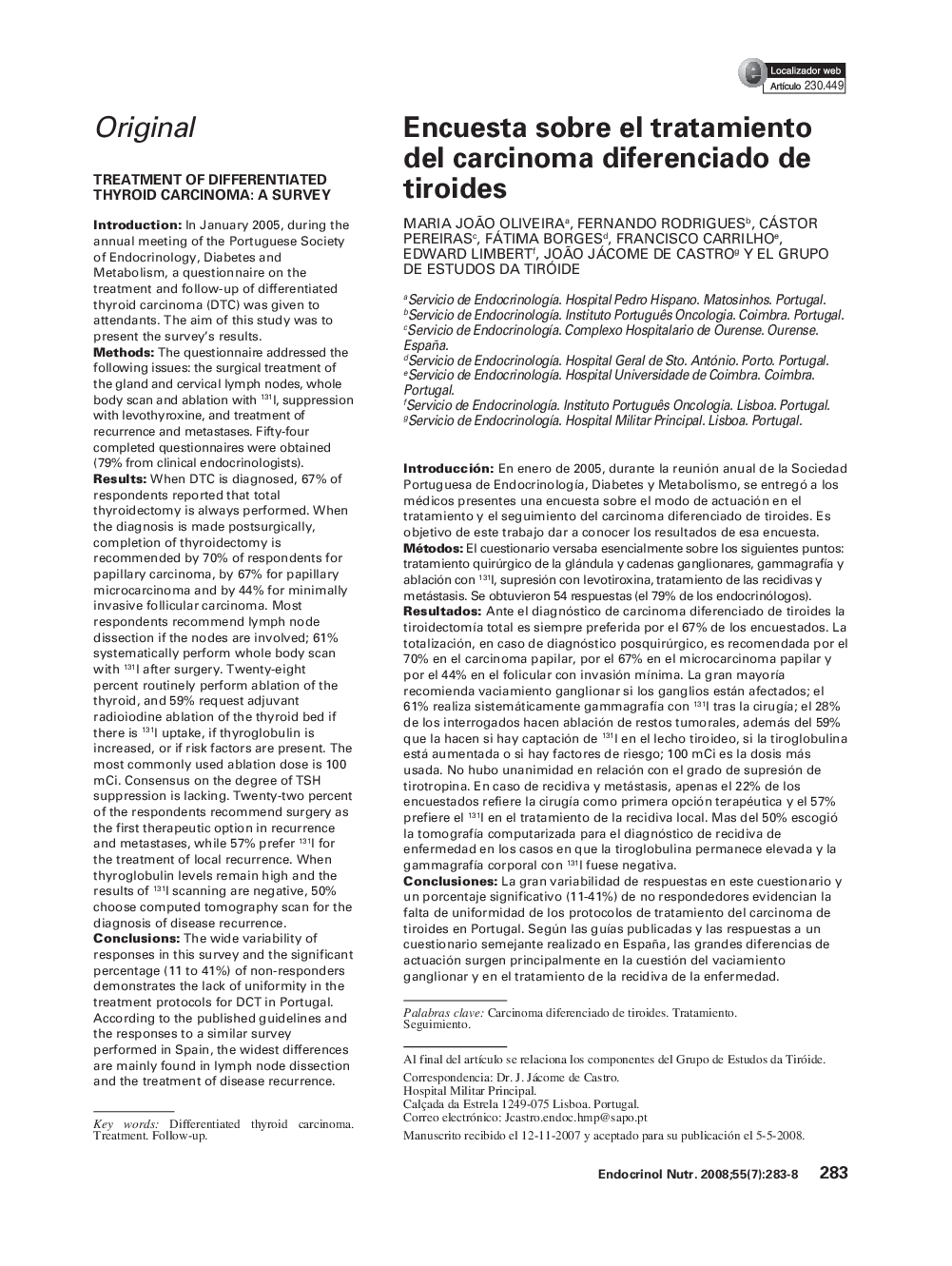 Encuesta sobre el tratamiento del carcinoma diferenciado de tiroides