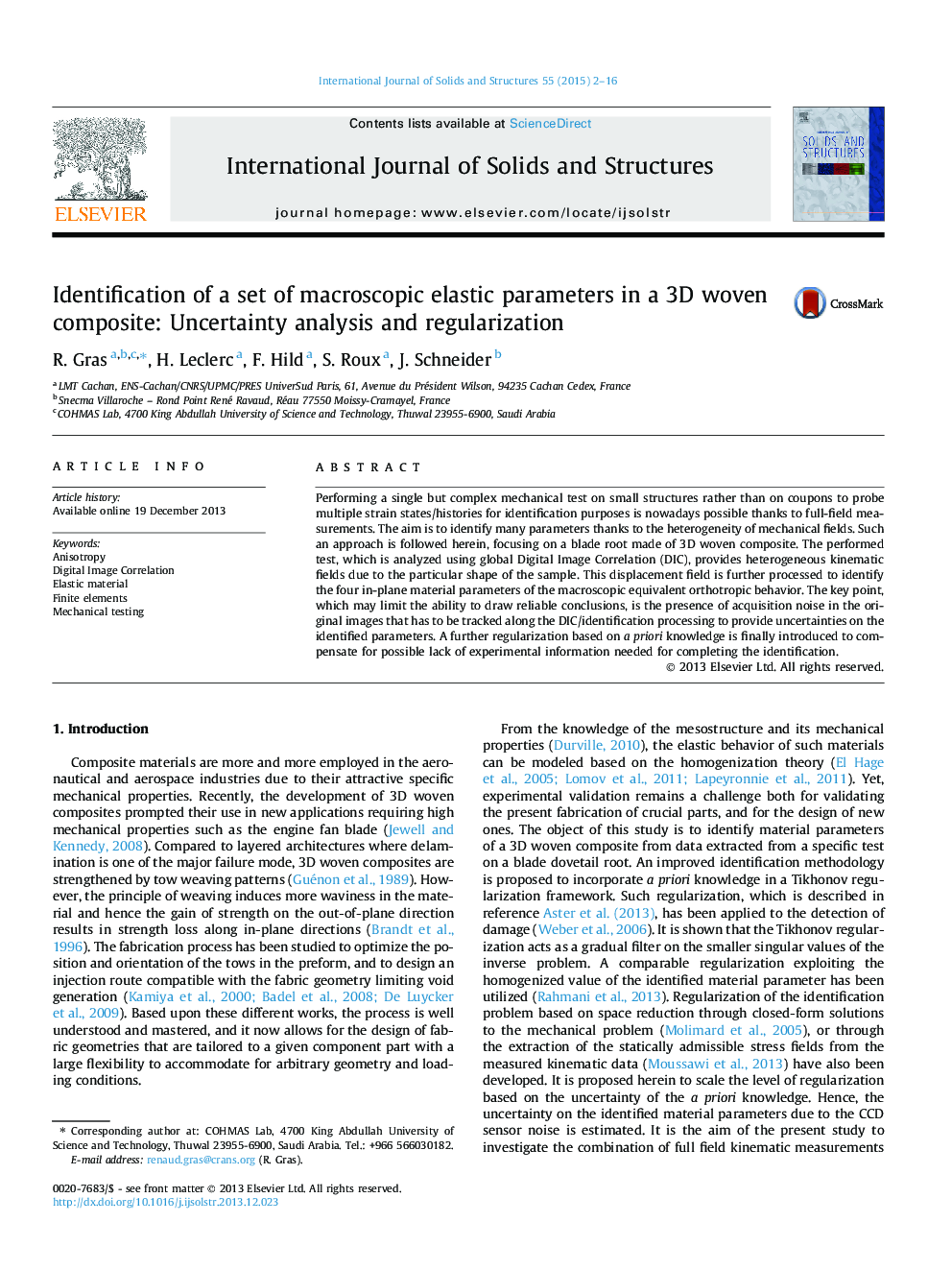 Identification of a set of macroscopic elastic parameters in a 3D woven composite: Uncertainty analysis and regularization