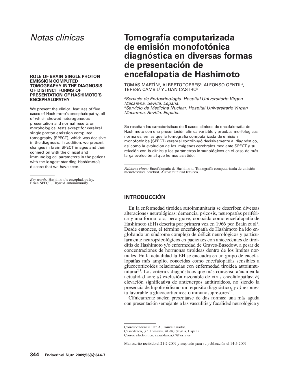 TomografÃ­a computarizada de emisión monofotónica diagnóstica en diversas formas de presentación de encefalopatÃ­a de Hashimoto