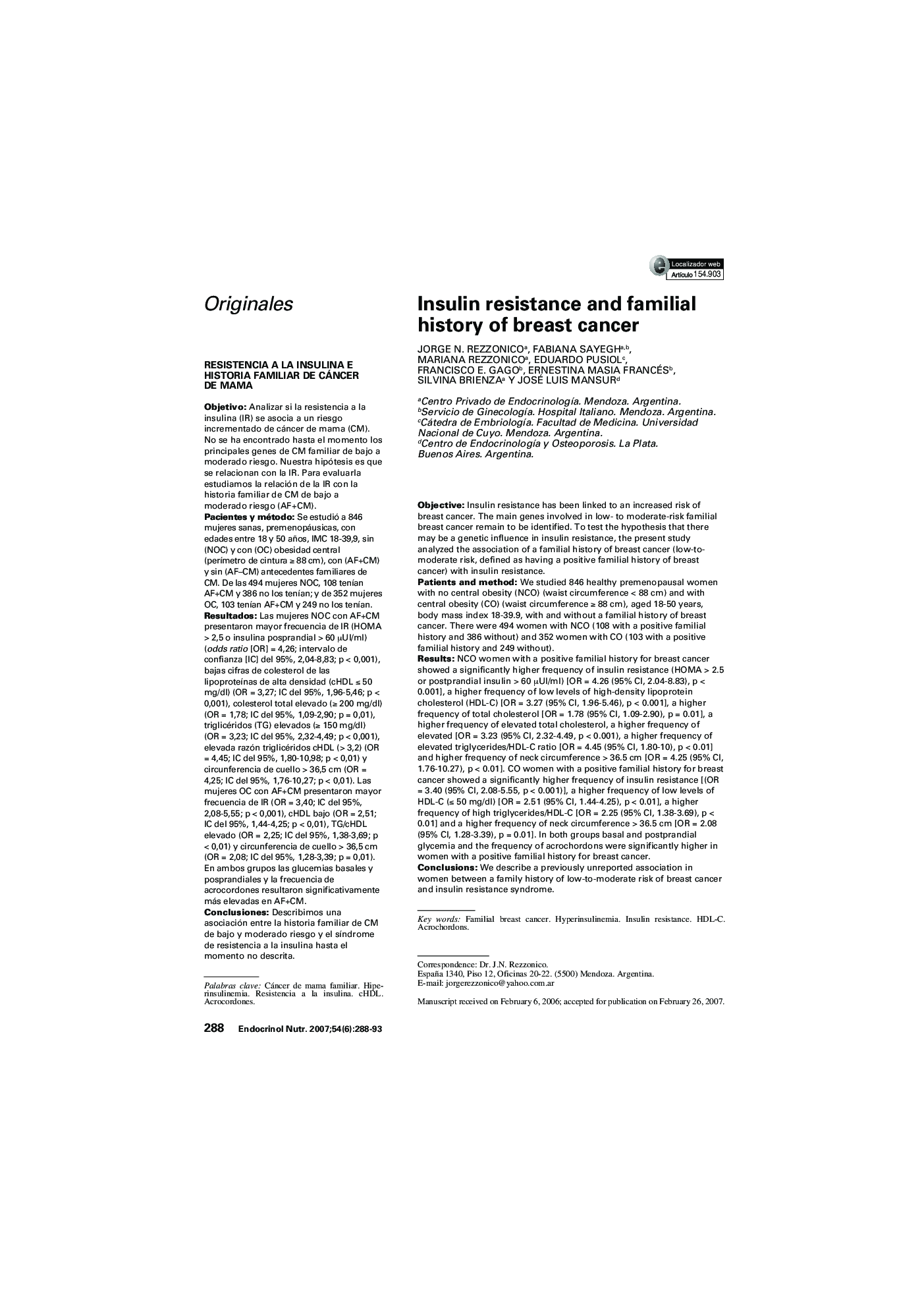 Insulin resistance and familial history of breast cancer