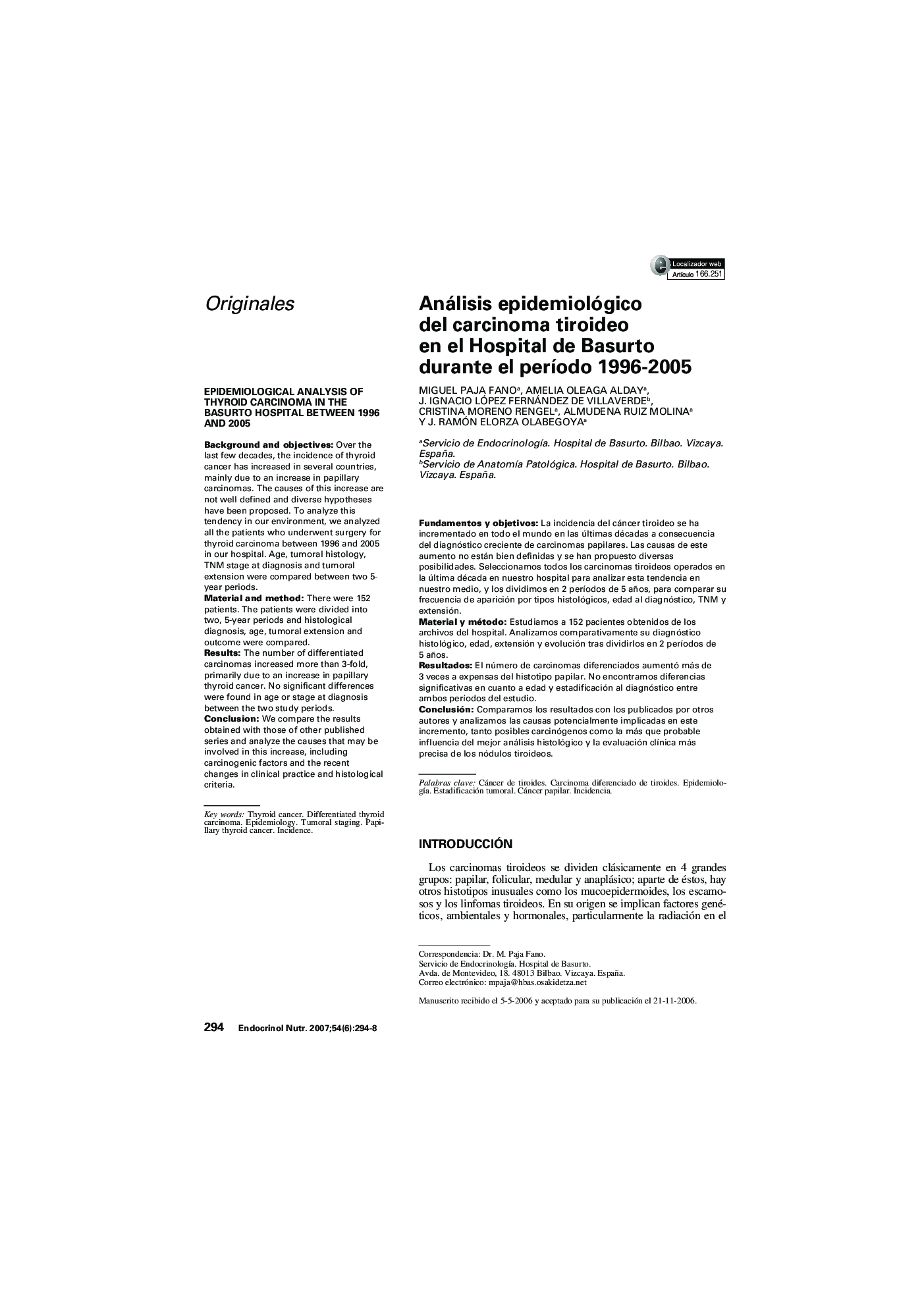 Análisis epidemiológico del carcinoma tiroideo en el Hospital de Basurto durante el perÃ­odo 1996-2005