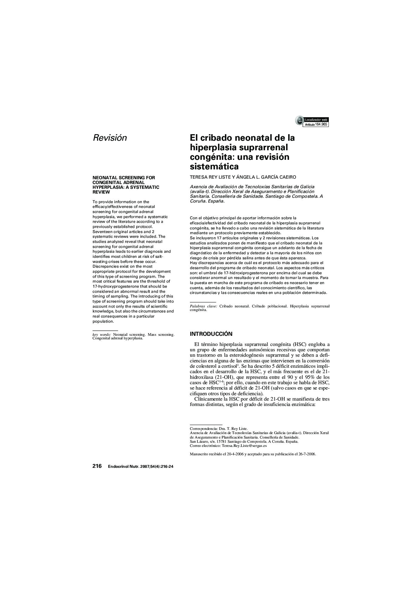 El cribado neonatal de la hiperplasia suprarrenal congénita: una revision sistemática