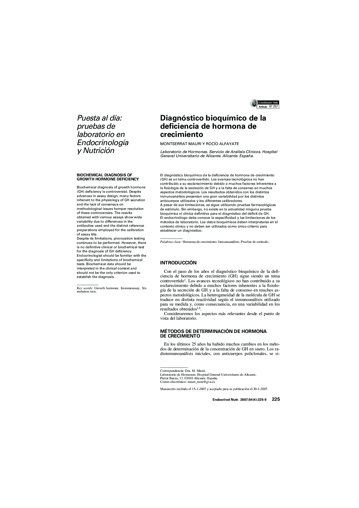 Diagnóstico bioquÃ­mico de la deficiencia de hormona de crecimiento