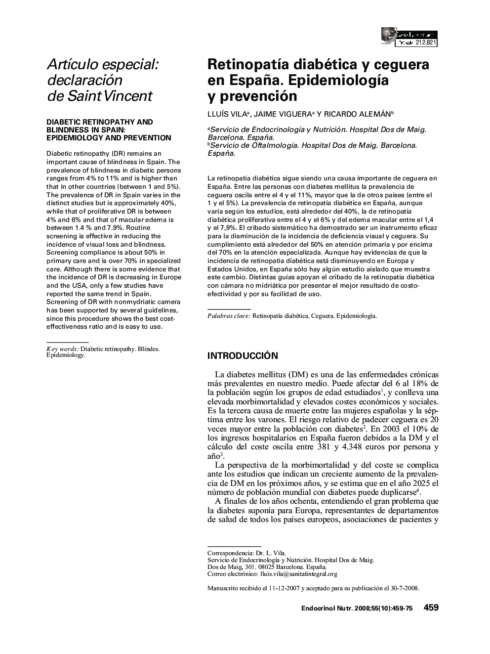 Retinopatía diabética y ceguera en España. Epidemiología y prevención