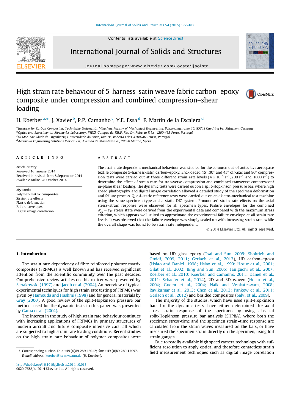 High strain rate behaviour of 5-harness-satin weave fabric carbon–epoxy composite under compression and combined compression–shear loading