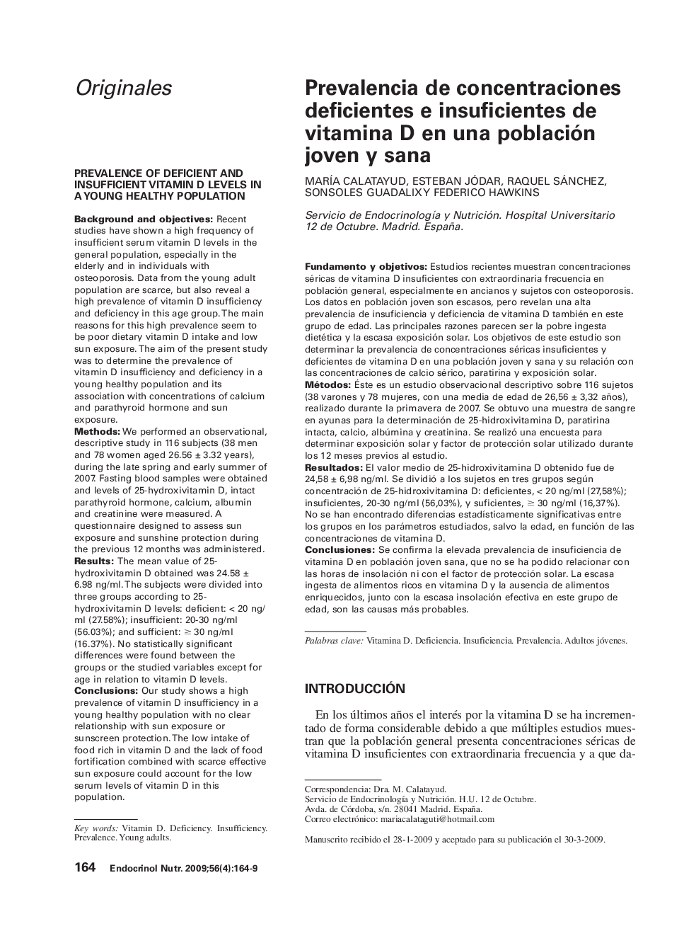 Prevalencia de concentraciones deficientes e insuficientes de vitamina D en una población joven y sana